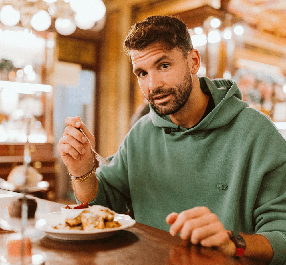 Grigor Dimitrov enjoying Kaiserschmarrn and coffee at Demel